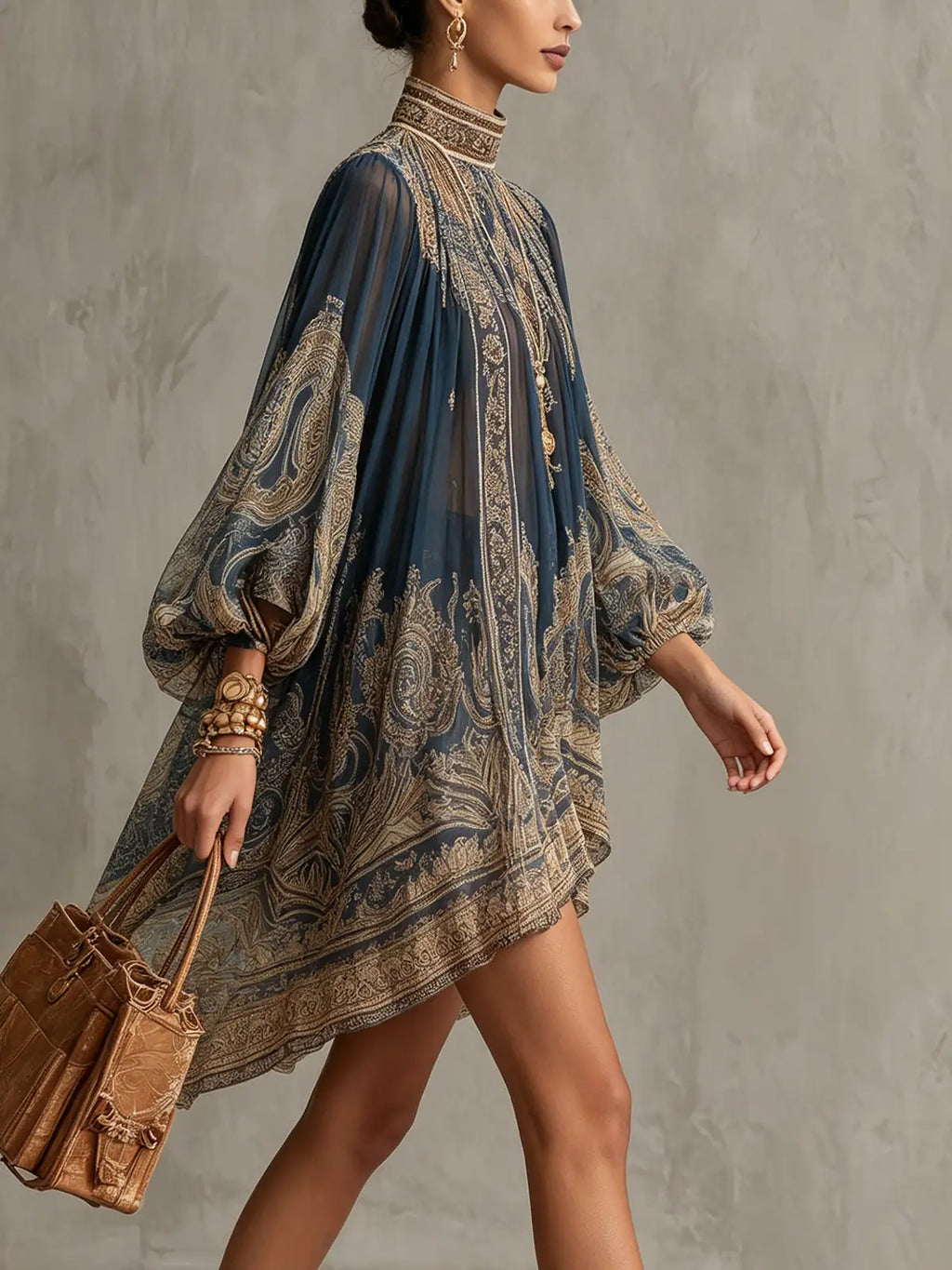 Bérénice | Vestido corto asimétrico de chifón con estampado barroco azul marino y cuello alto