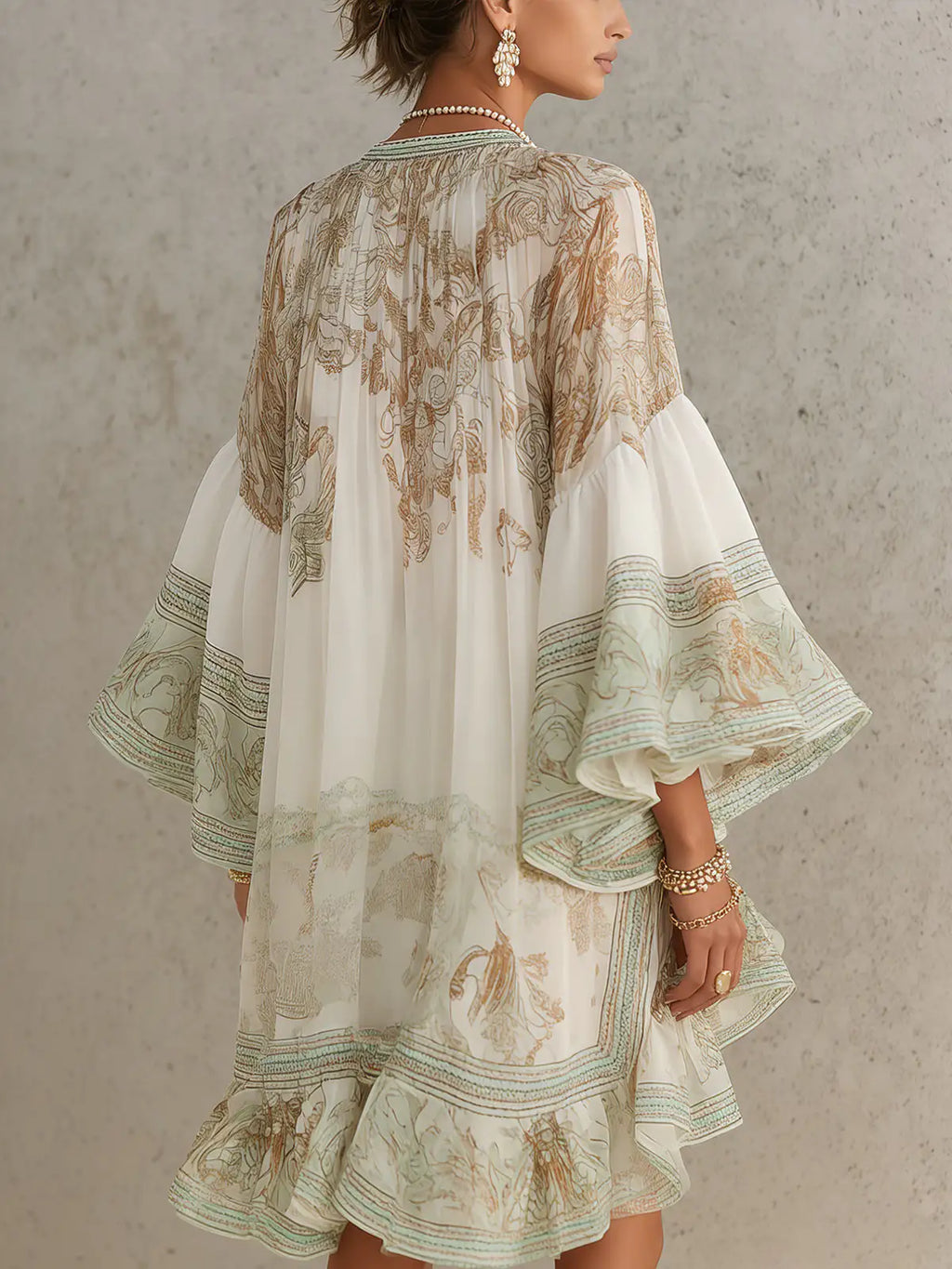 Rosalie | Mini vestido de chifón con mangas volantes y dobladillo a rayas verdes