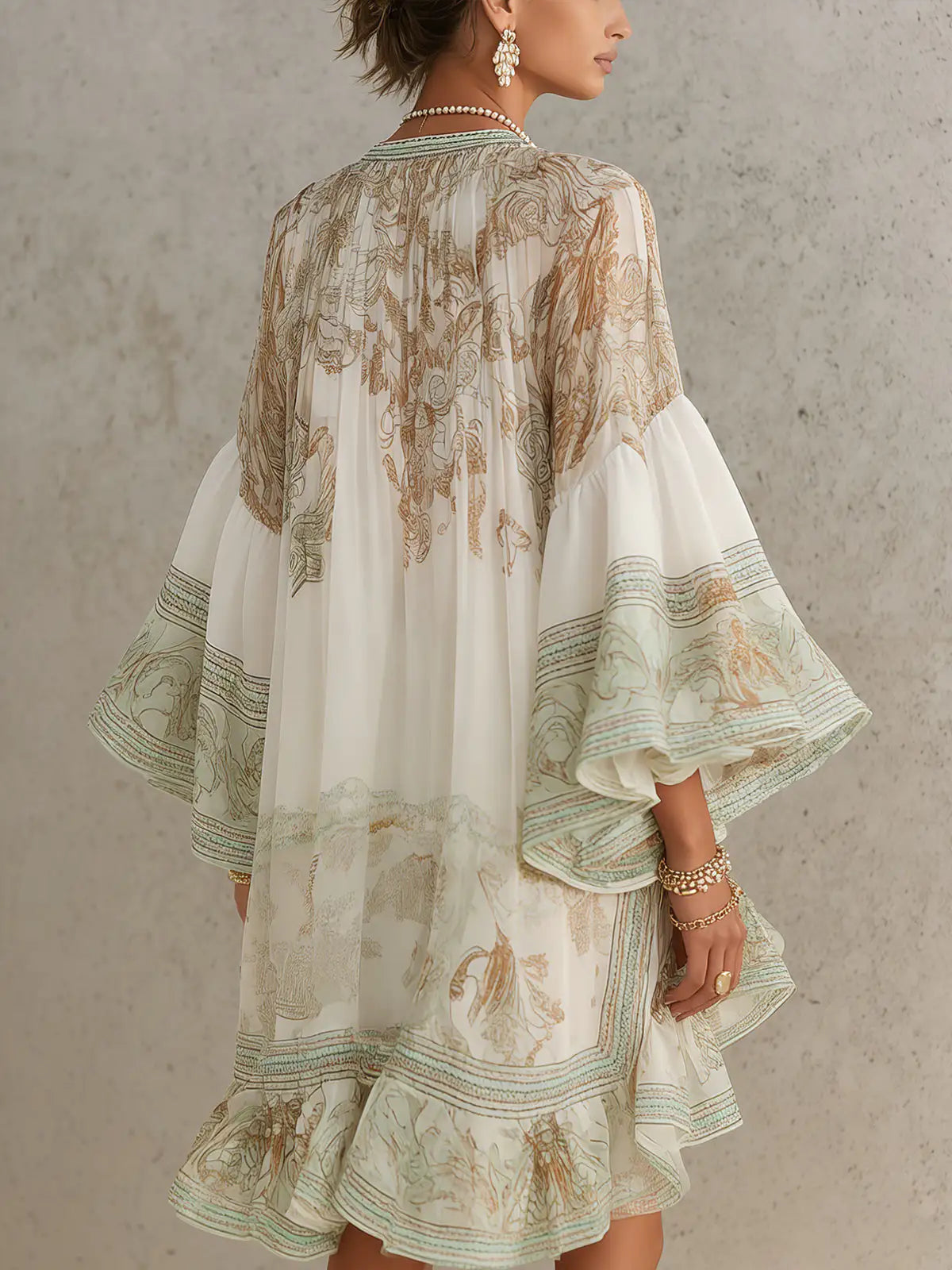 Rosalie | Mini vestido de chifón con mangas volantes y dobladillo a rayas verdes