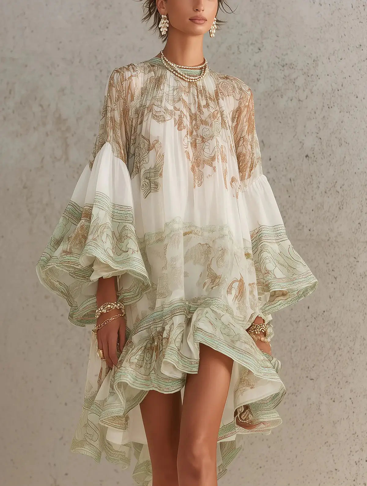 Rosalie | Mini vestido de chifón con mangas volantes y dobladillo a rayas verdes