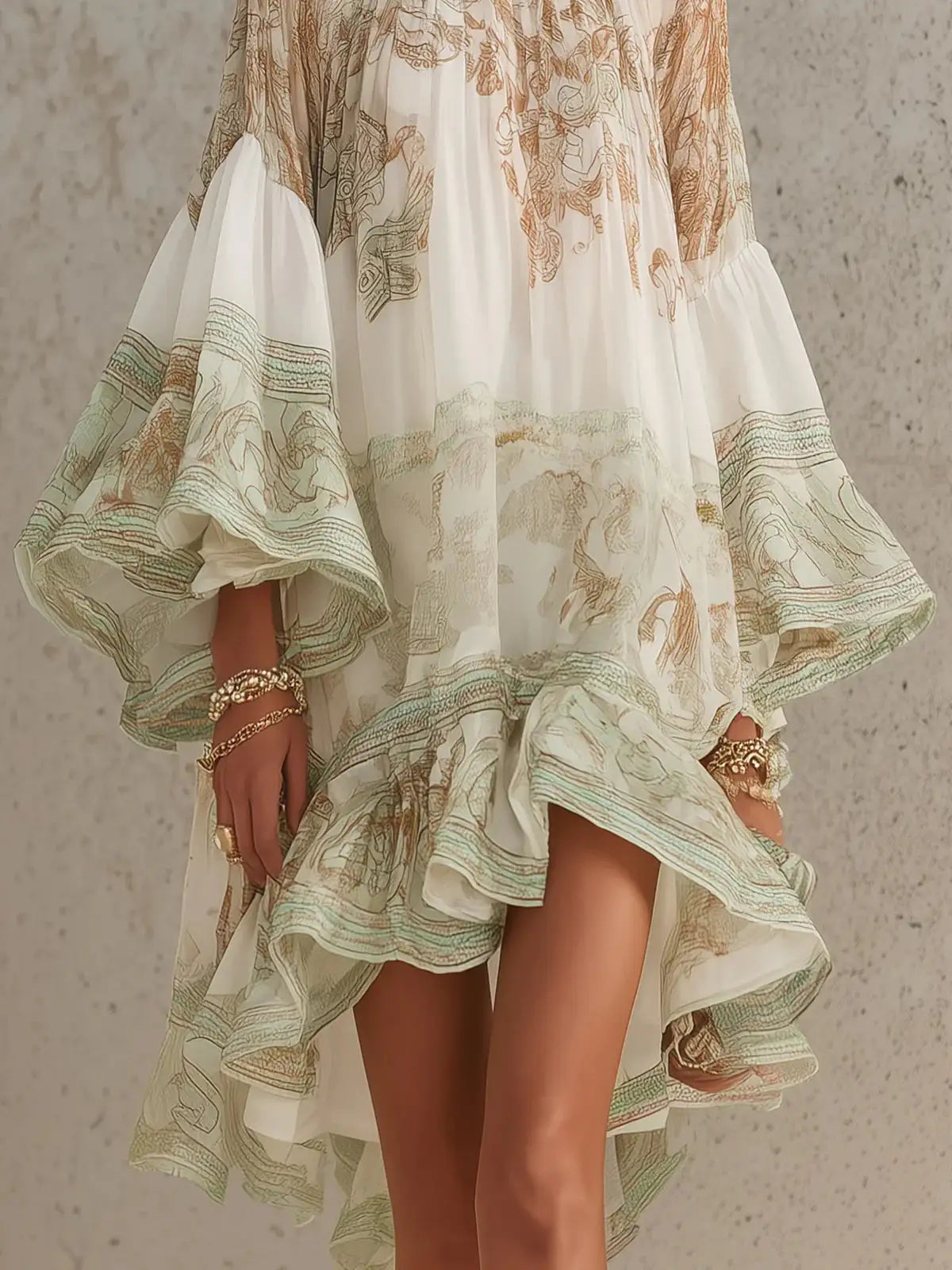Rosalie | Mini vestido de chifón con mangas volantes y dobladillo a rayas verdes