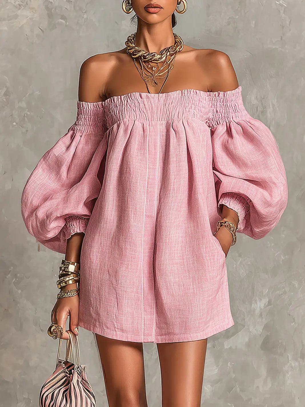 Violette | Vestido mini de silueta trapezoidal rosa con mangas farol y hombros descubiertos