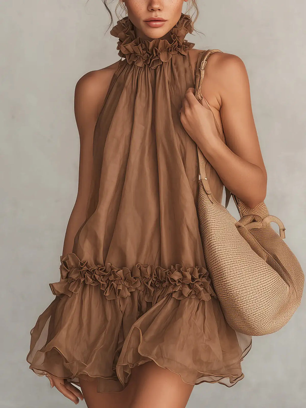 Bettina | Mini vestido sin mangas de chifón marrón, cuello halter y volantes