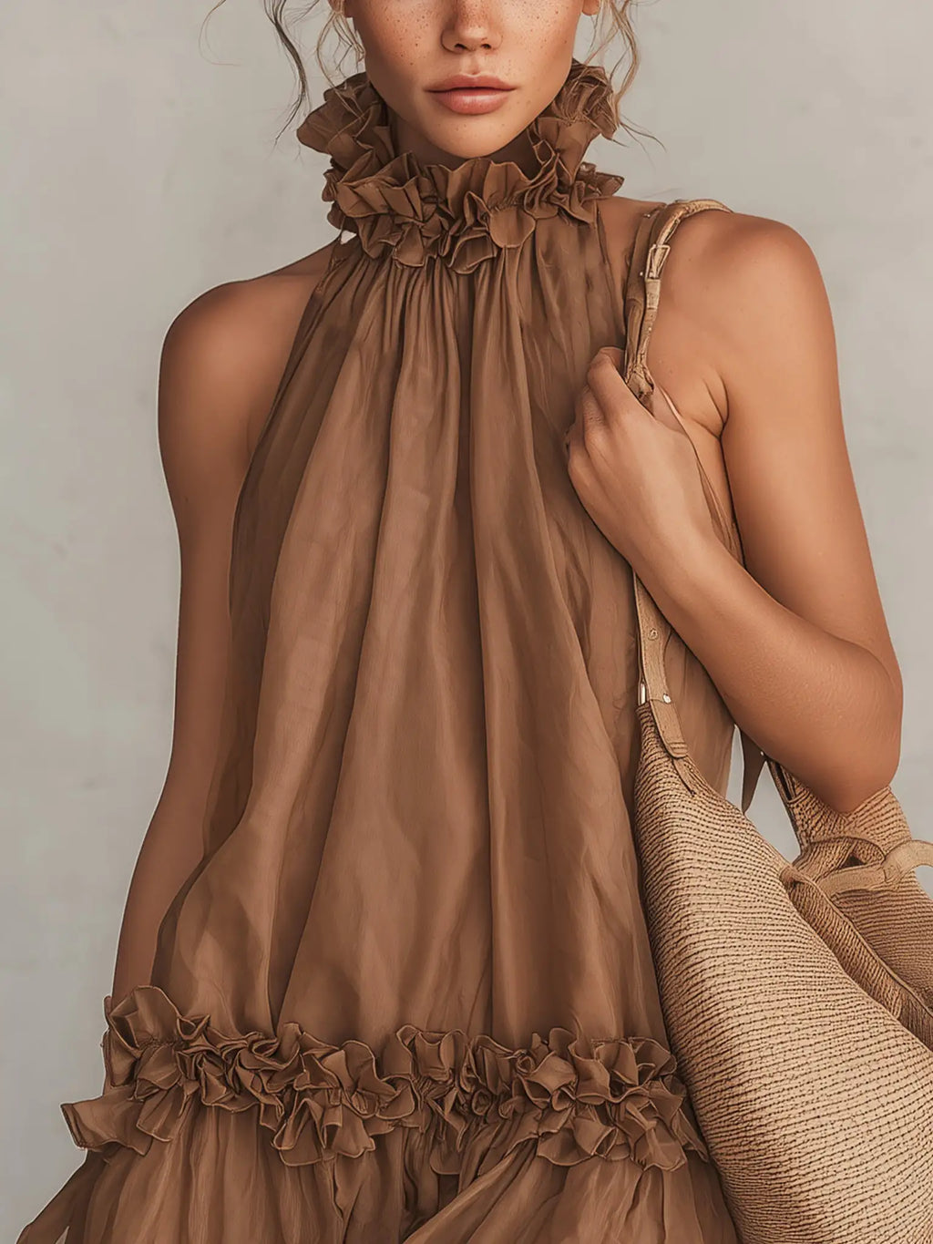 Bettina | Mini vestido sin mangas de chifón marrón, cuello halter y volantes