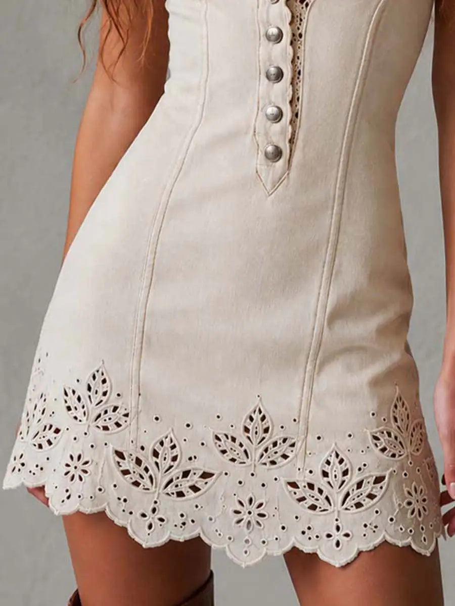 Gabrielle | Mini vestido de encaje perforado marfil con escote en V