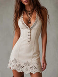 Gabrielle | Mini vestido de encaje perforado marfil con escote en V