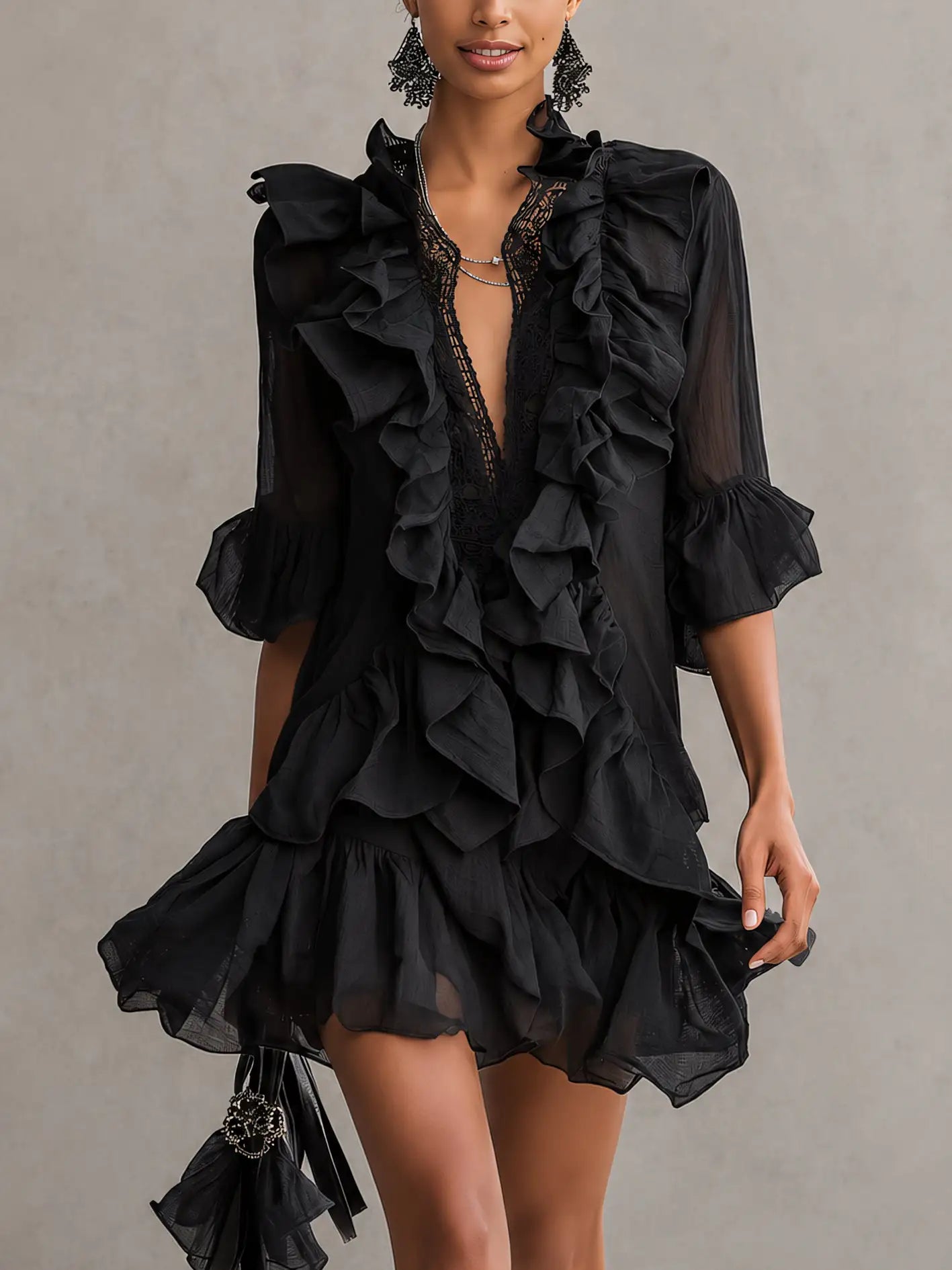 Anaïs | Mini vestido de chifón negro con volante