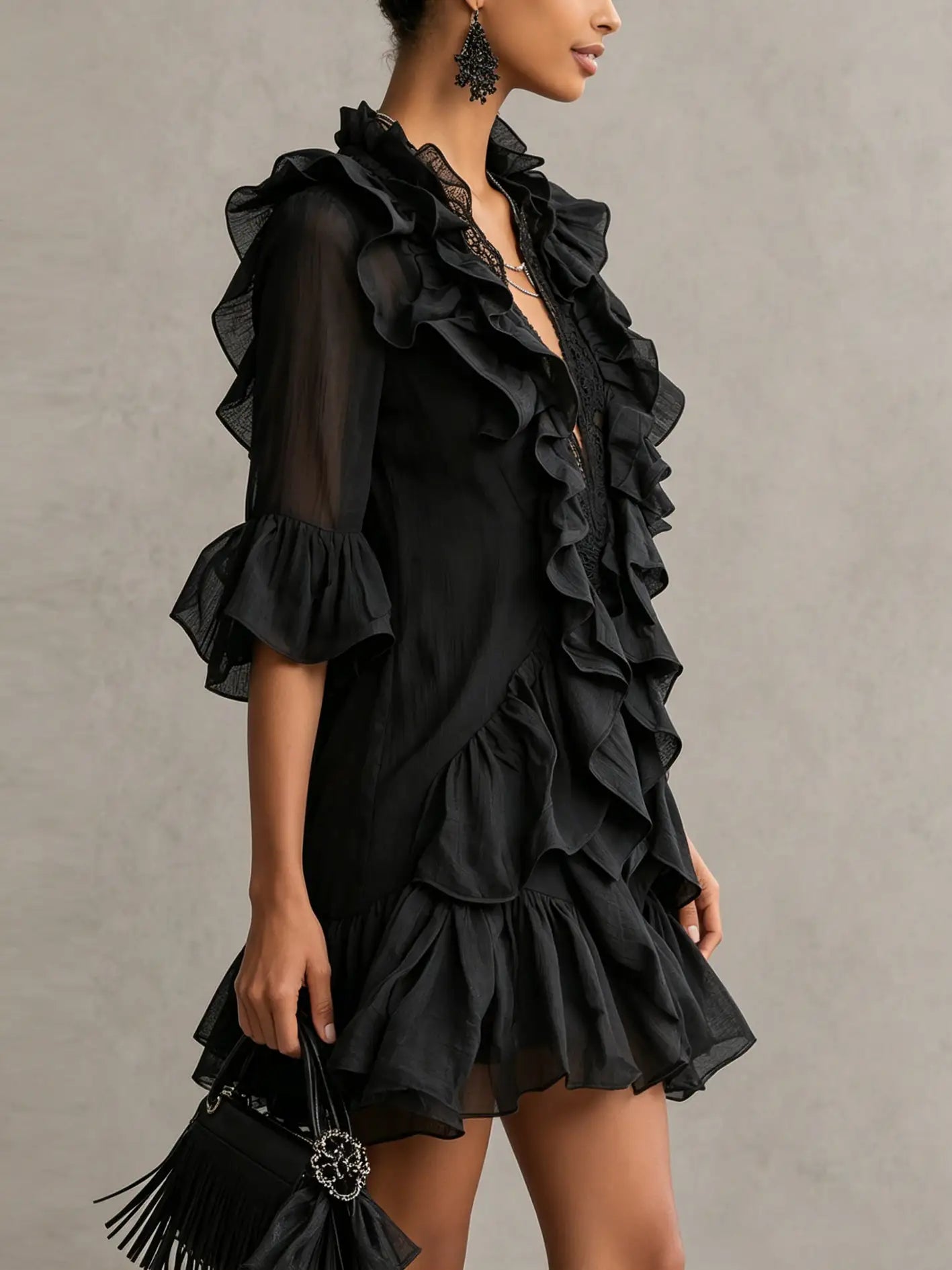 Anaïs | Mini vestido de chifón negro con volante