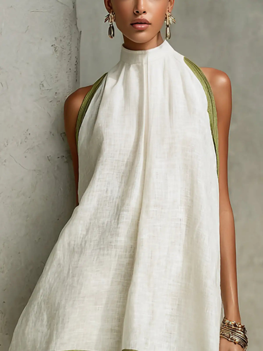 Agathe | Mini vestido trapezoidal sin mangas blanco y verde oliva con estampado floral