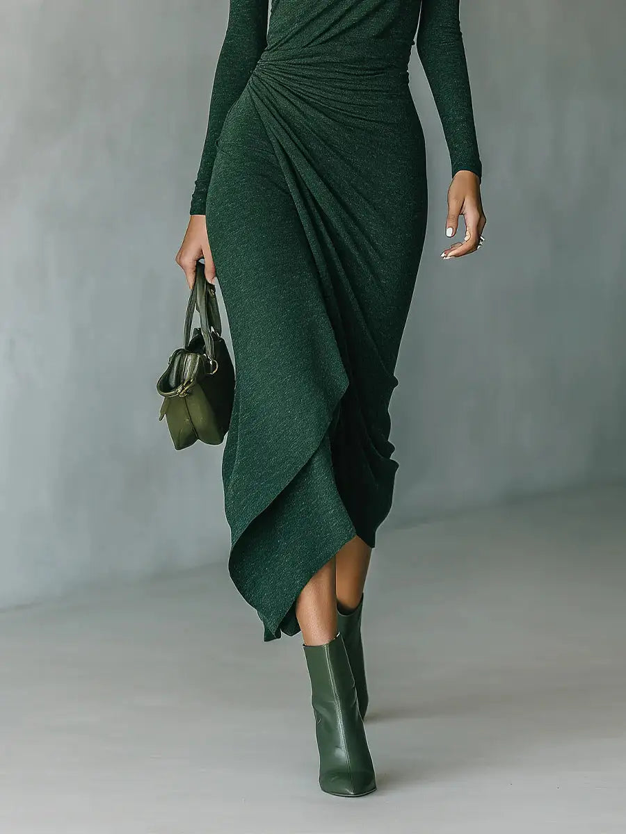 Lenora™ | Vestido Envolvente Asimétrico con Cuello Alto