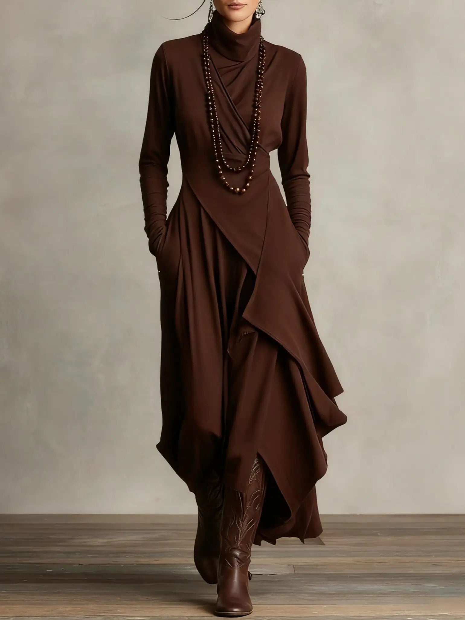 Aurelia™ | Vestido Largo Plisado Asimétrico con Cuello Alto
