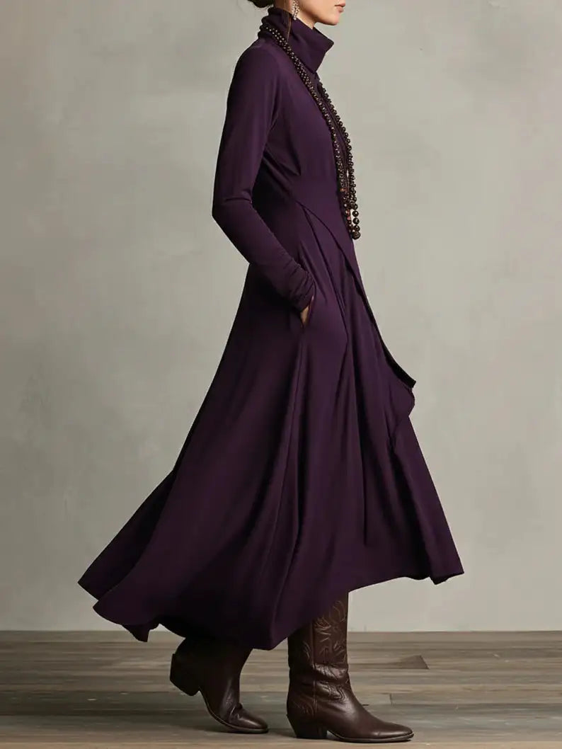 Aurelia™ | Vestido Largo Plisado Asimétrico con Cuello Alto