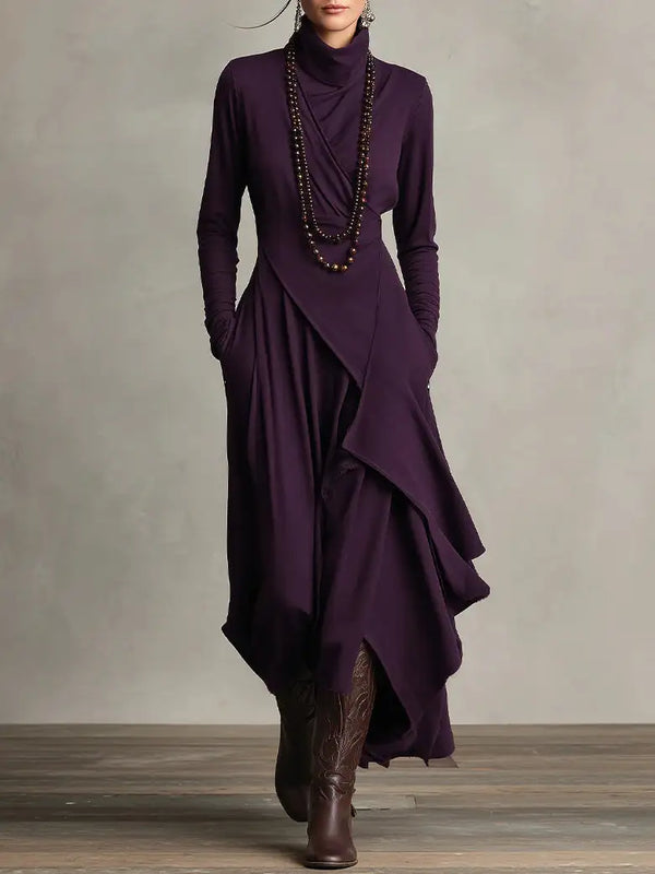 Aurelia™ | Vestido Largo Plisado Asimétrico con Cuello Alto