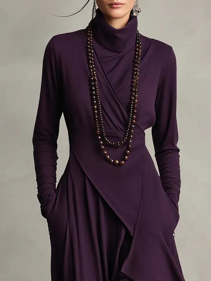 Aurelia™ | Vestido Largo Plisado Asimétrico con Cuello Alto