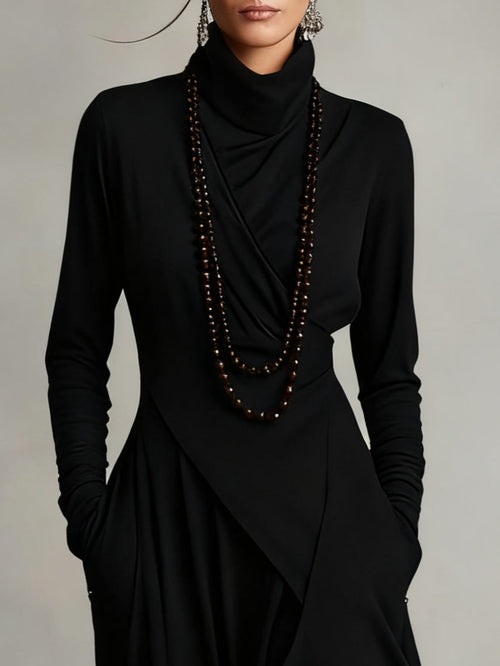 AURELIA™║Vestido largo plisado asimétrico con cuello alto