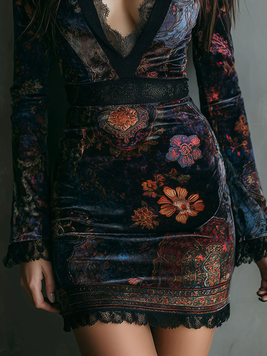 GRAZIA™║Vestido mini ajustado de terciopelo con estampado floral y encaje