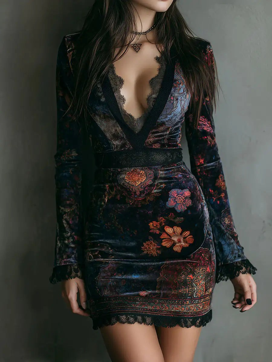 Grazia™ | Mini Vestido de Terciopelo con Estampado Floral