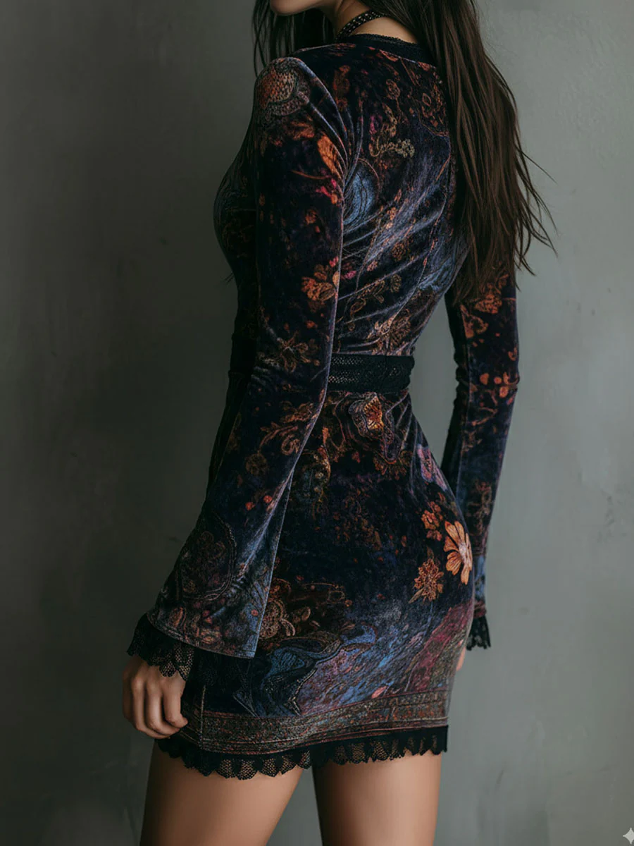 GRAZIA™║Vestido mini ajustado de terciopelo con estampado floral y encaje
