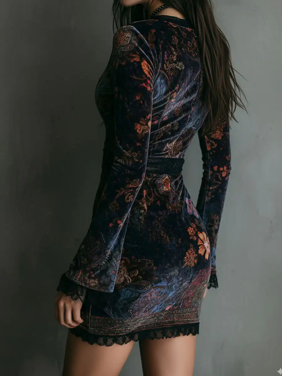 Grazia™ | Mini Vestido de Terciopelo con Estampado Floral