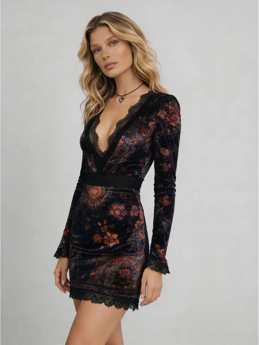 Grazia™ | Mini Vestido de Terciopelo con Estampado Floral