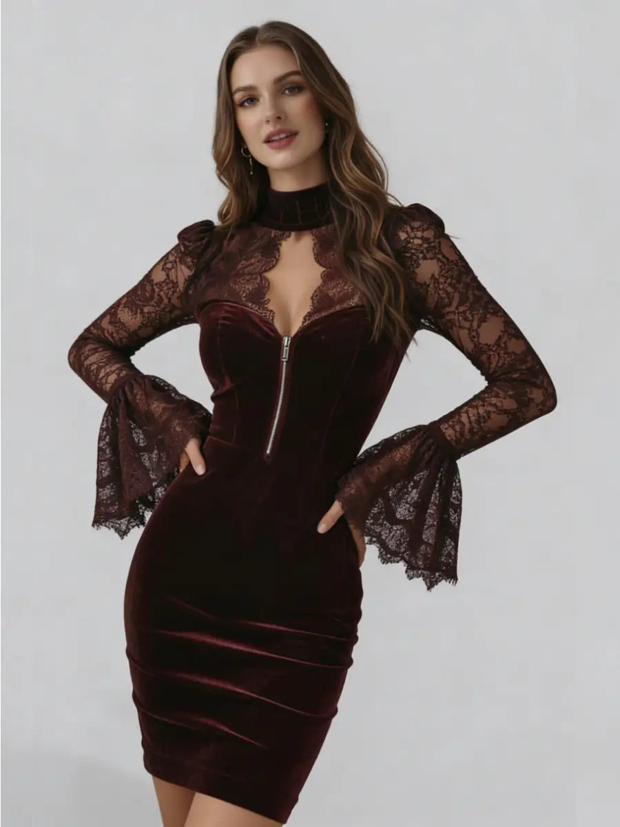 Núria™ | Mini Vestido de Terciopelo y Encaje Burdeos
