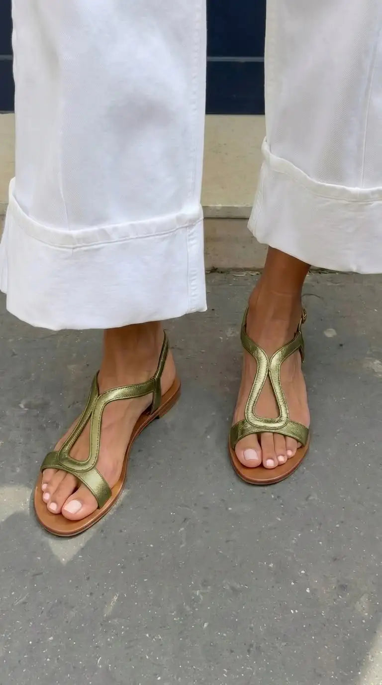 Olalla | Sandalias Planas Casuales Slingback Doradas Metalizadas con