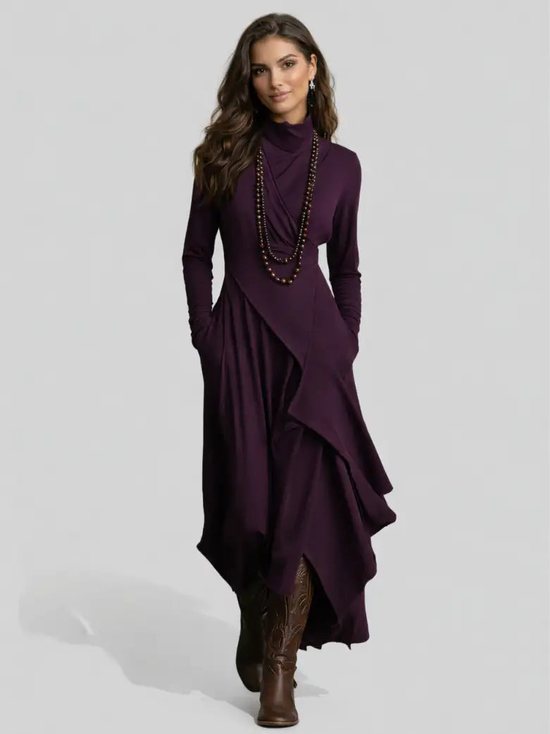 Aurelia™ | Vestido Largo Plisado Asimétrico con Cuello Alto