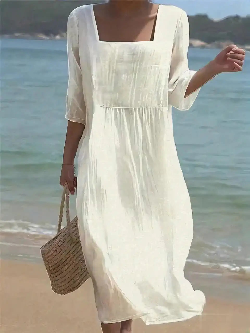 Alcudia | Vestido de Lino con Cuello Cuadrado