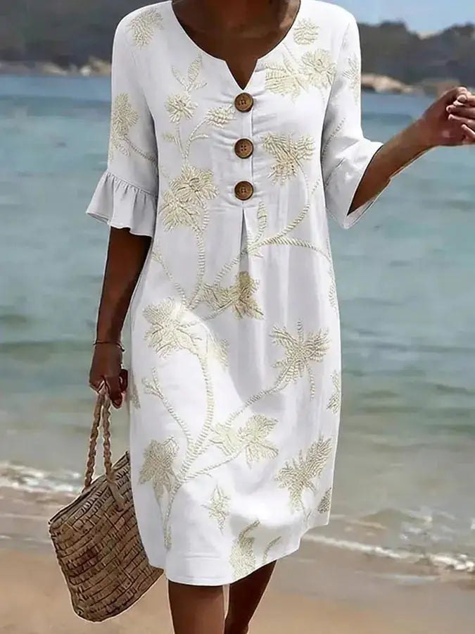 Camelia | Vestido Bordado con Botones Blanco