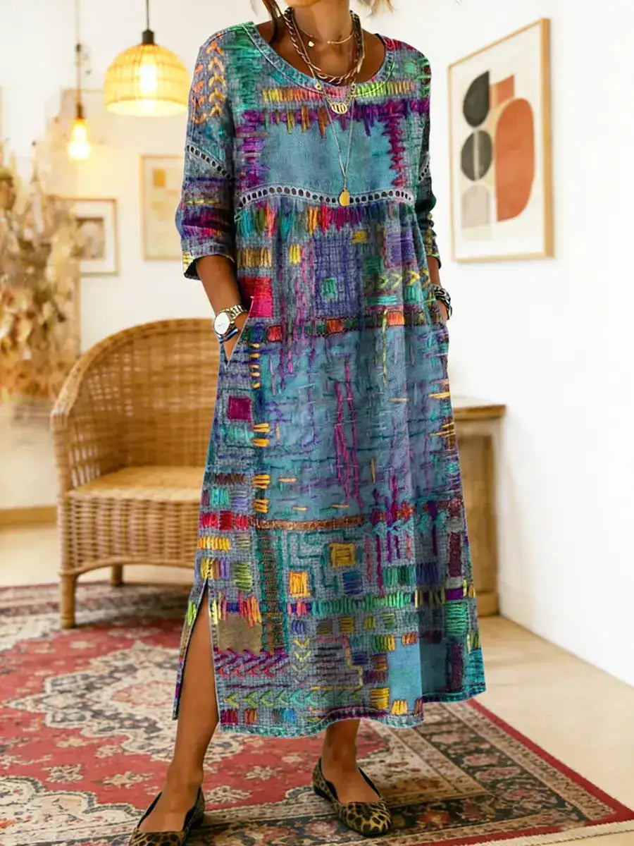 Manuela | Vestido Vaquero con Patchwork Étnico