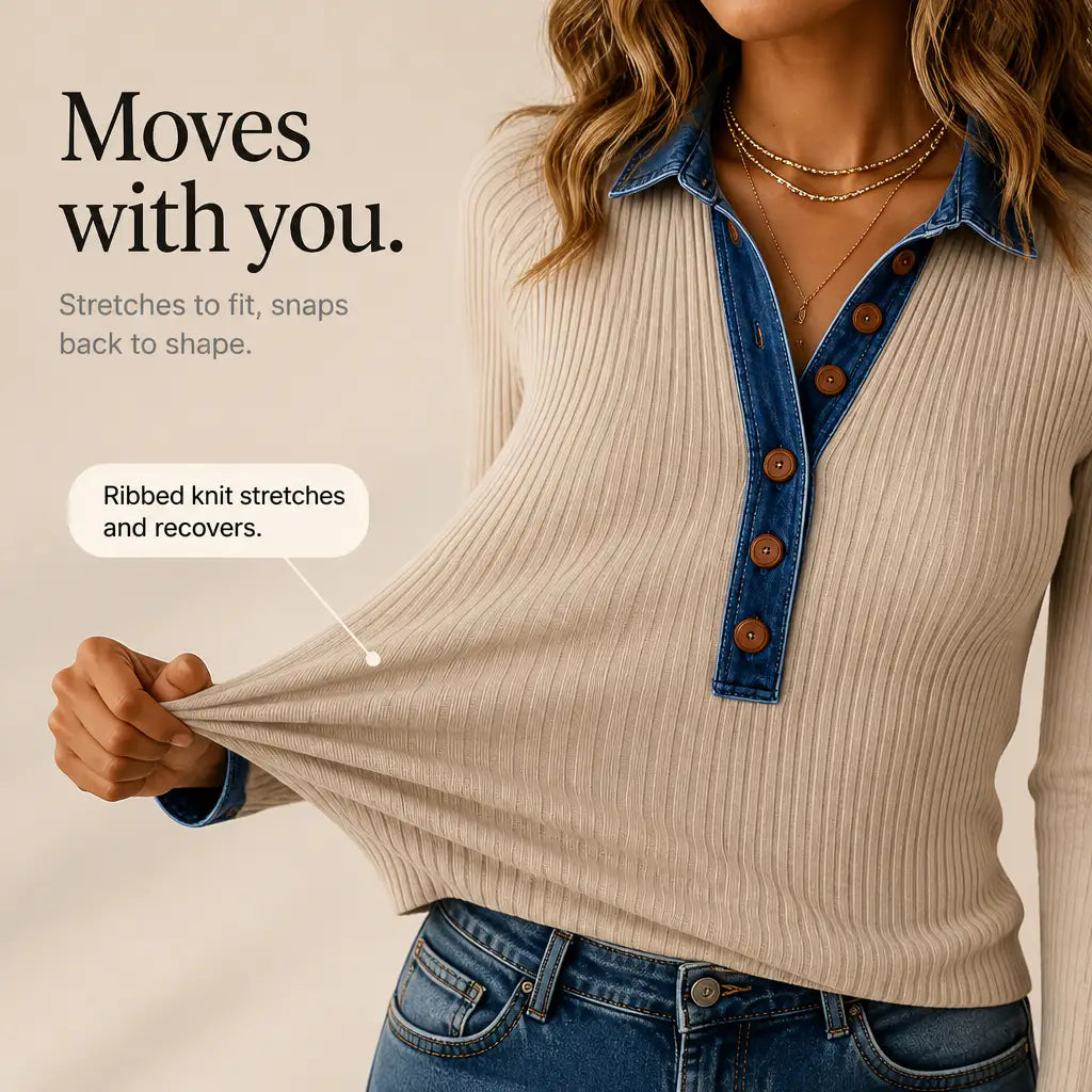 Florencia | Camiseta de Canalé con Cuello Efecto Vaquero