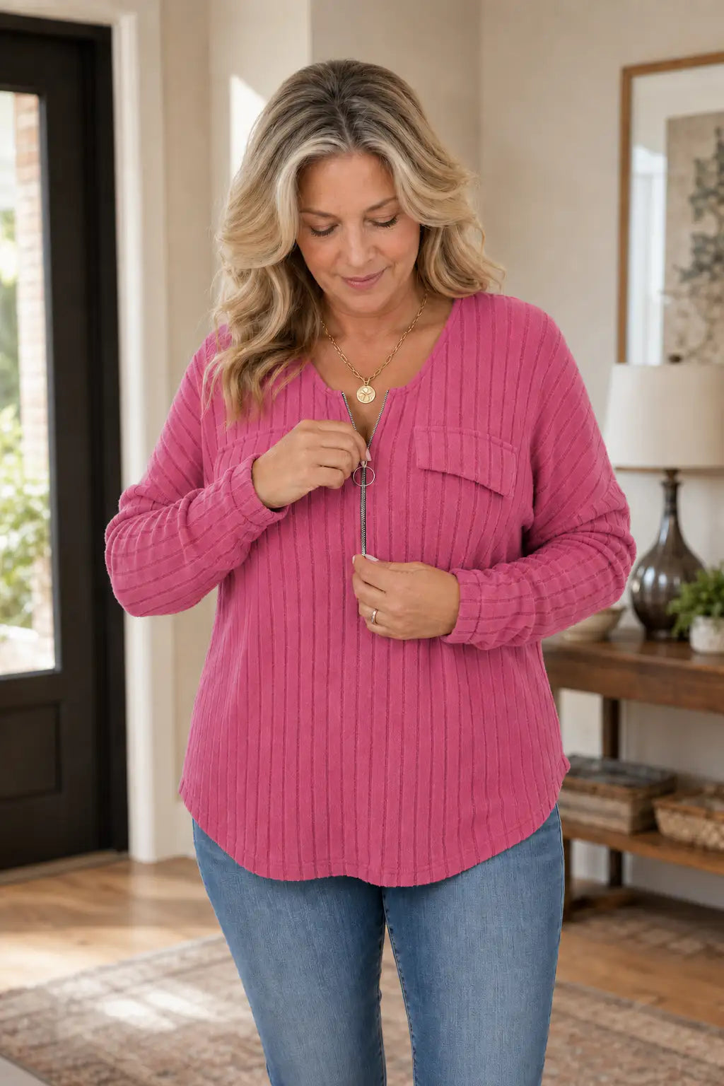Caridad | Camiseta de Canalé con Cuello de Cremallera