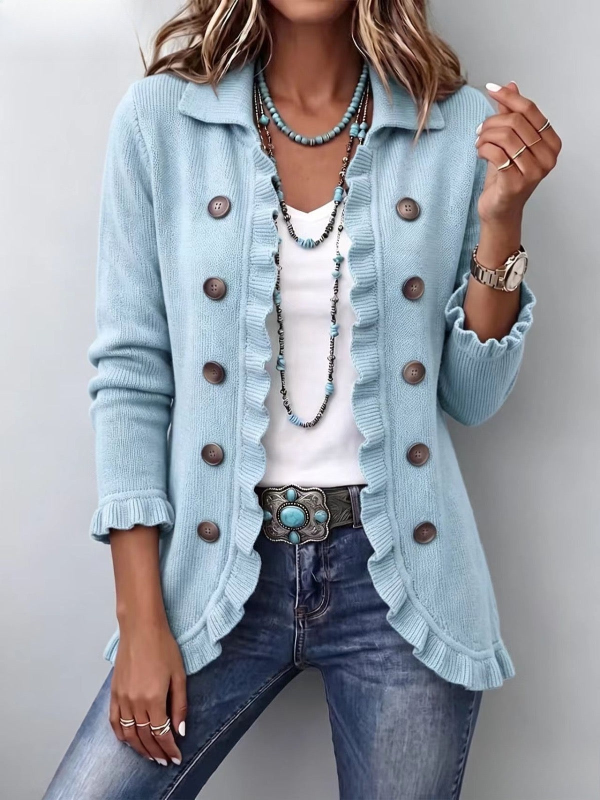 Cecilia | Chaqueta de Volantes de Punto Azul Empolvado