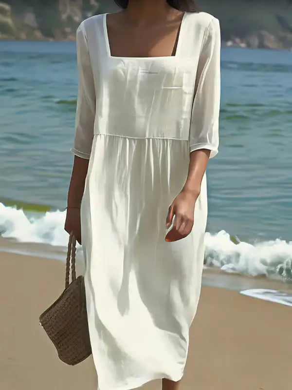 Alcudia | Vestido de Lino con Cuello Cuadrado