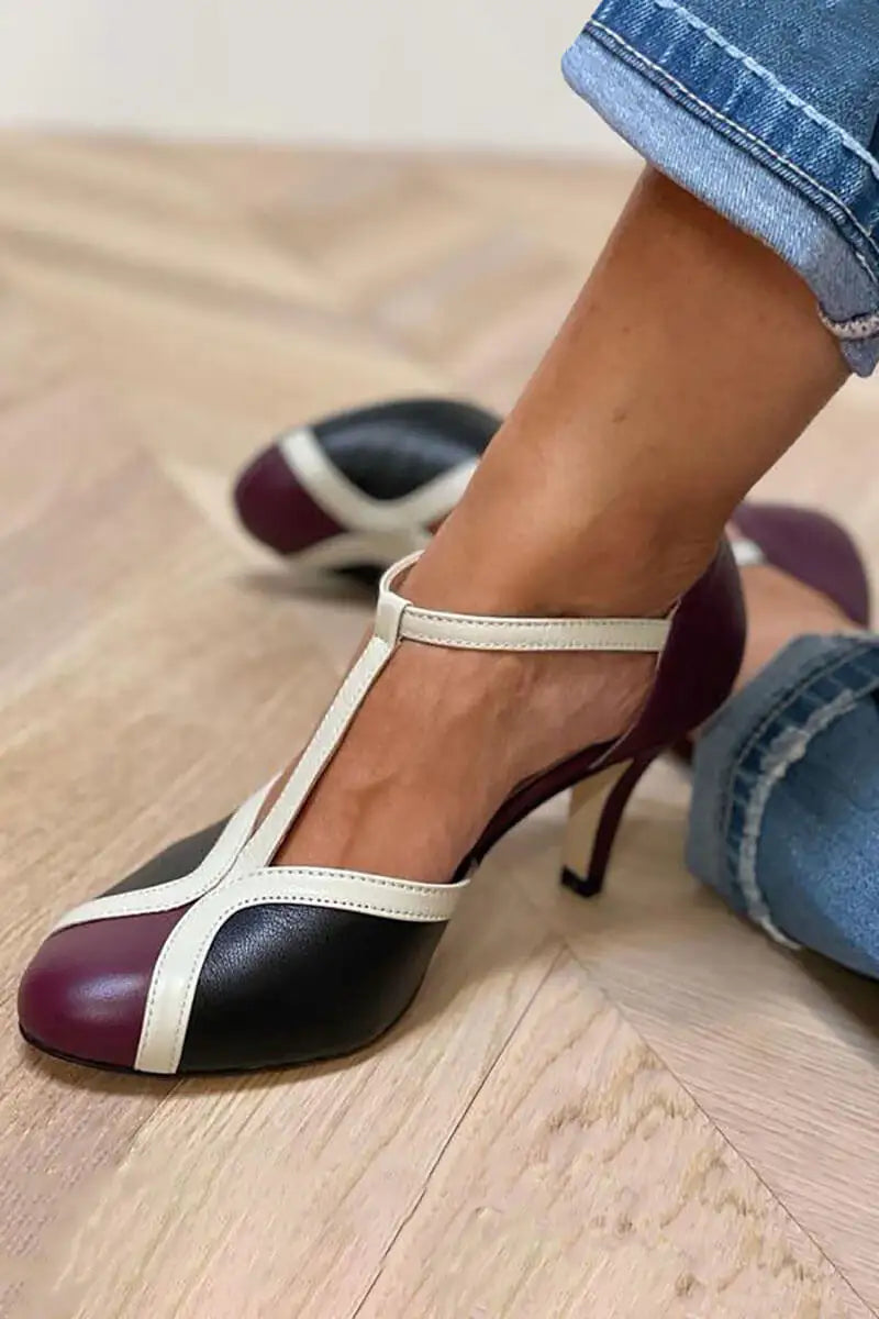 Viola | Tacones Stiletto Color Block con Correa en T y Punta Redonda