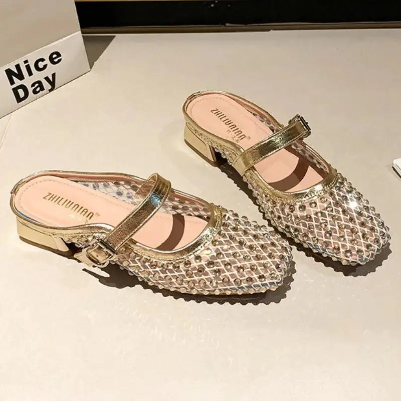 Montaigne™ | Sandalias Mule con Punta Cuadrada y Pedrería