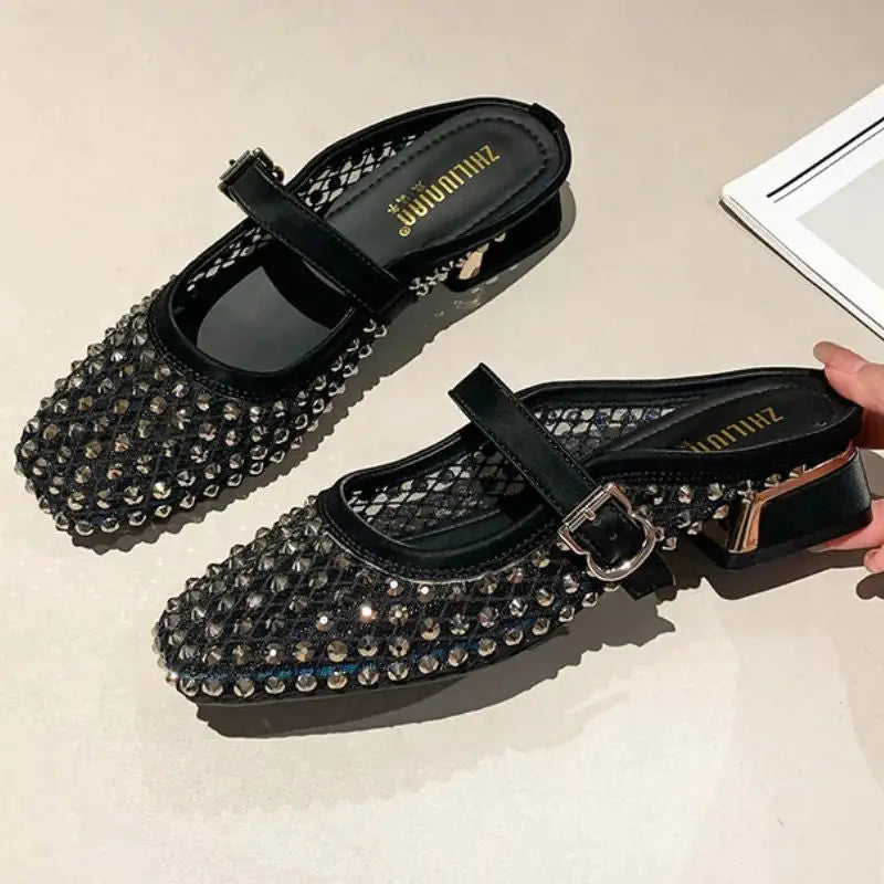 Montaigne™ | Sandalias Mule con Punta Cuadrada y Pedrería