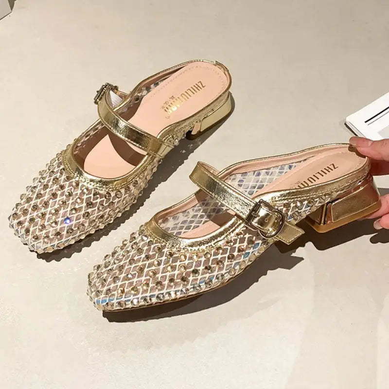 Montaigne™ | Sandalias Mule con Punta Cuadrada y Pedrería