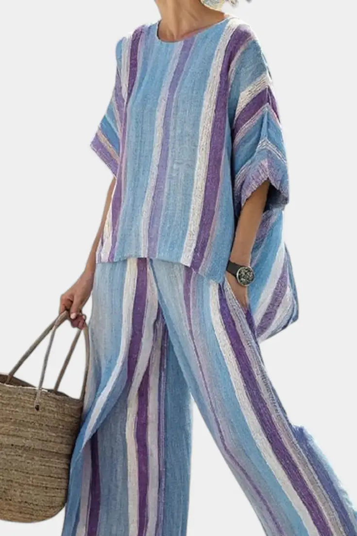 Ginevra | Conjunto de Top Malva y Pantalón de Lino a Rayas