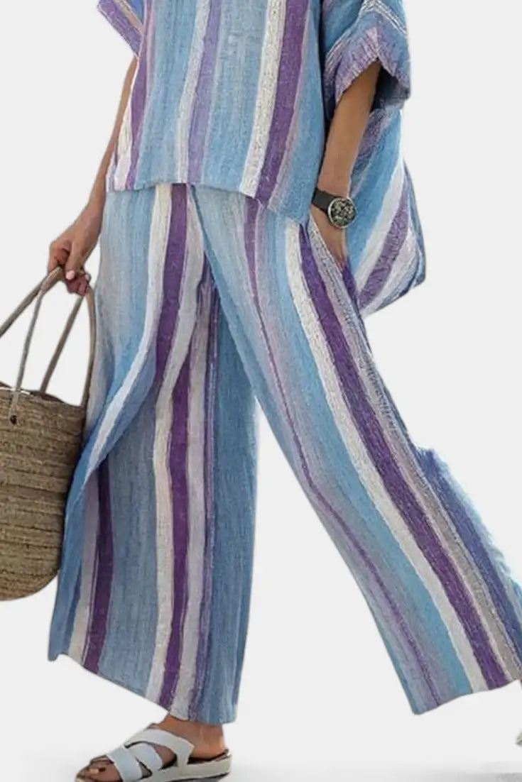 Ginevra | Conjunto de Top Malva y Pantalón de Lino a Rayas