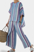 Ginevra — Top elegante en tono malva pastel y pantalones de lino a rayas