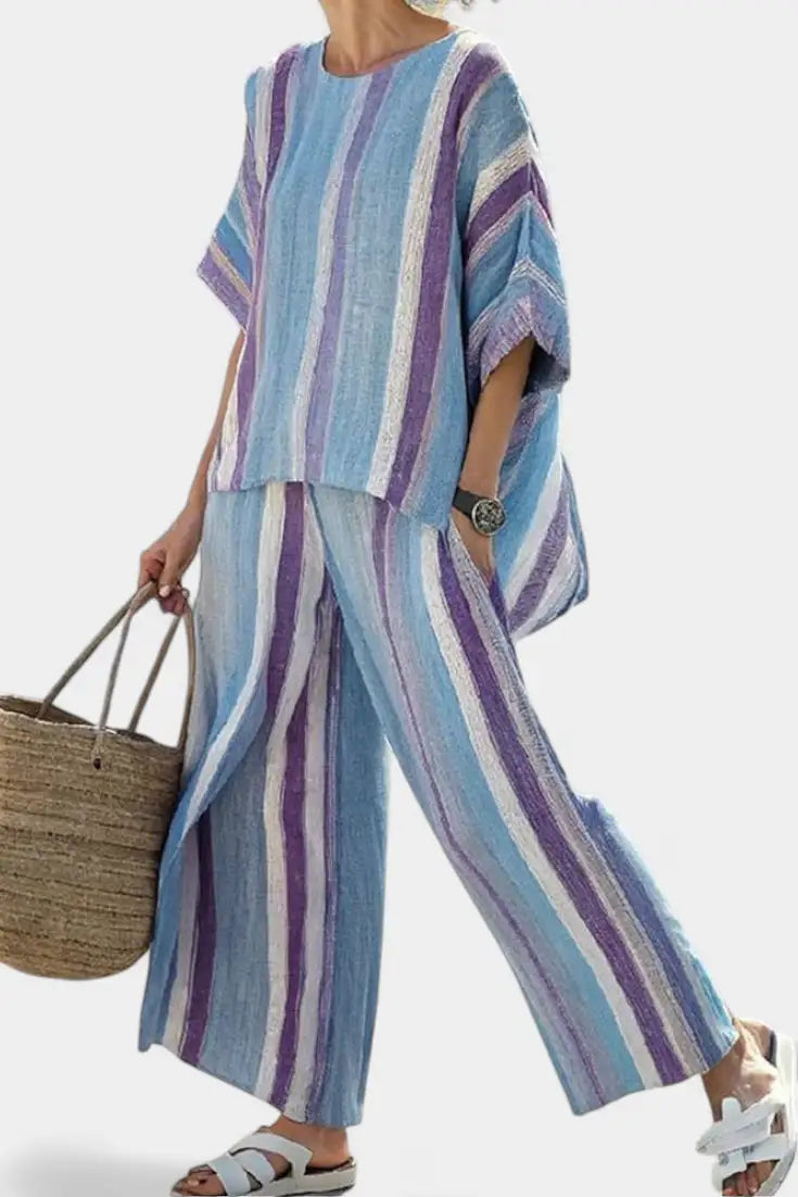 Ginevra | Conjunto de Top Malva y Pantalón de Lino a Rayas