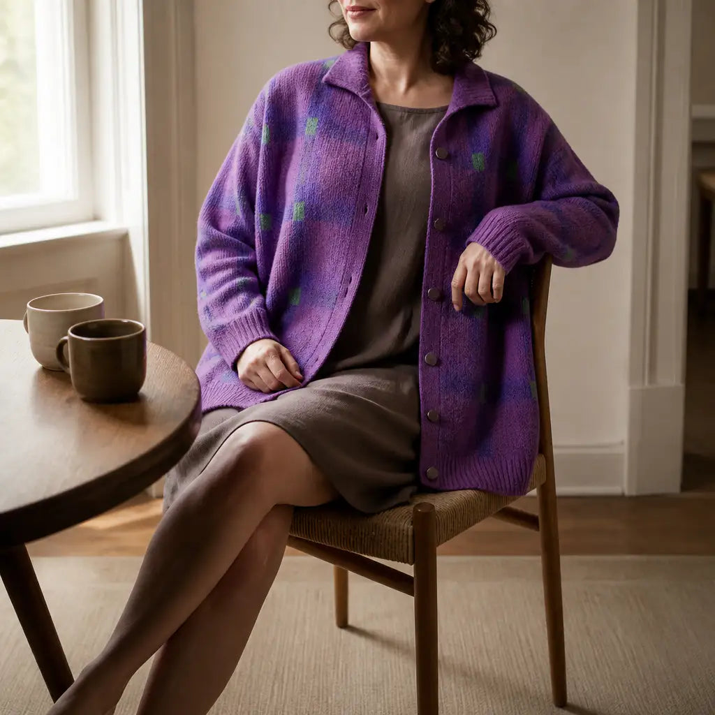 Guadalupe | Cárdigan Oversize de Cuadros con Cuello Camisero