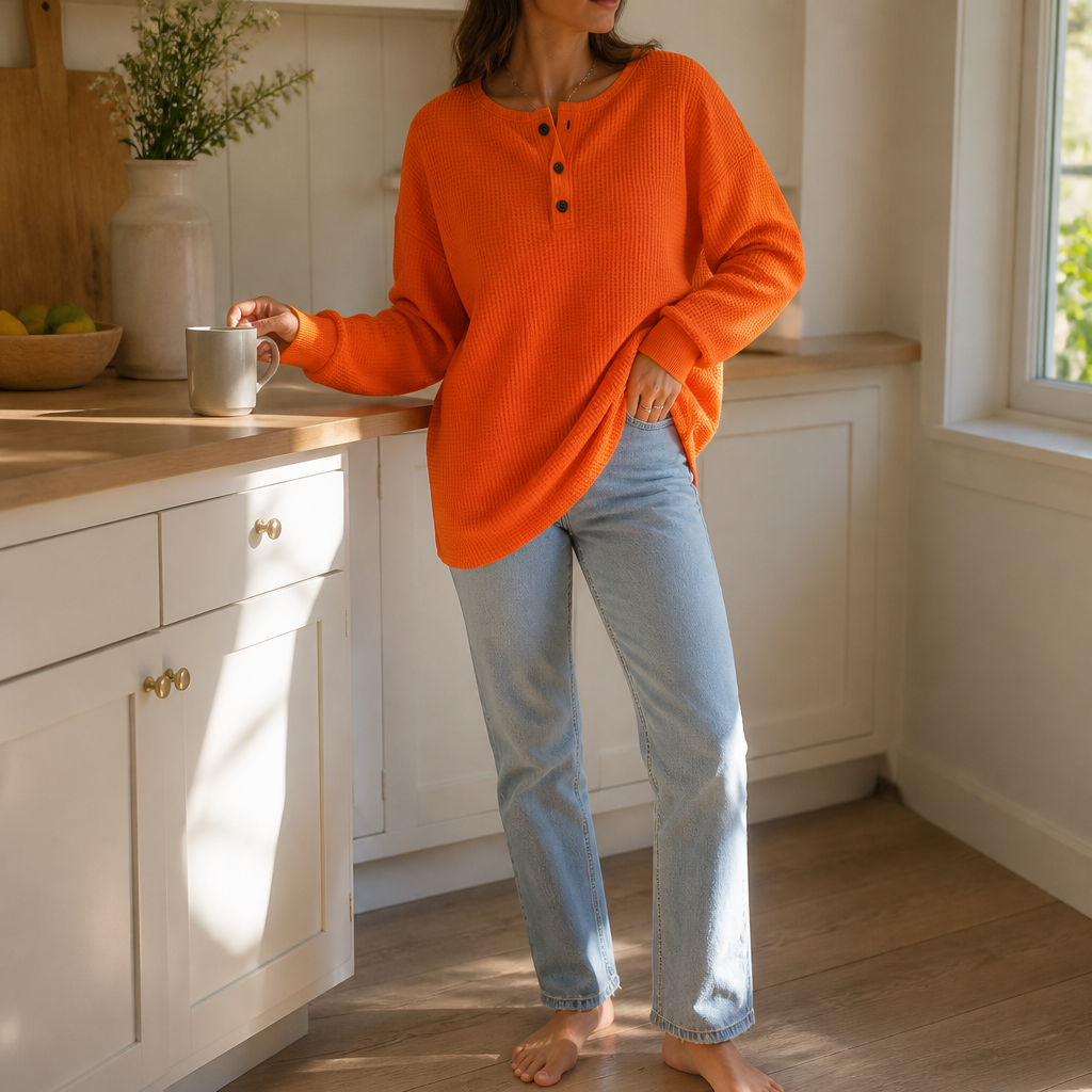 Olalla | Camiseta Gofrada Henley de Cuello Redondo