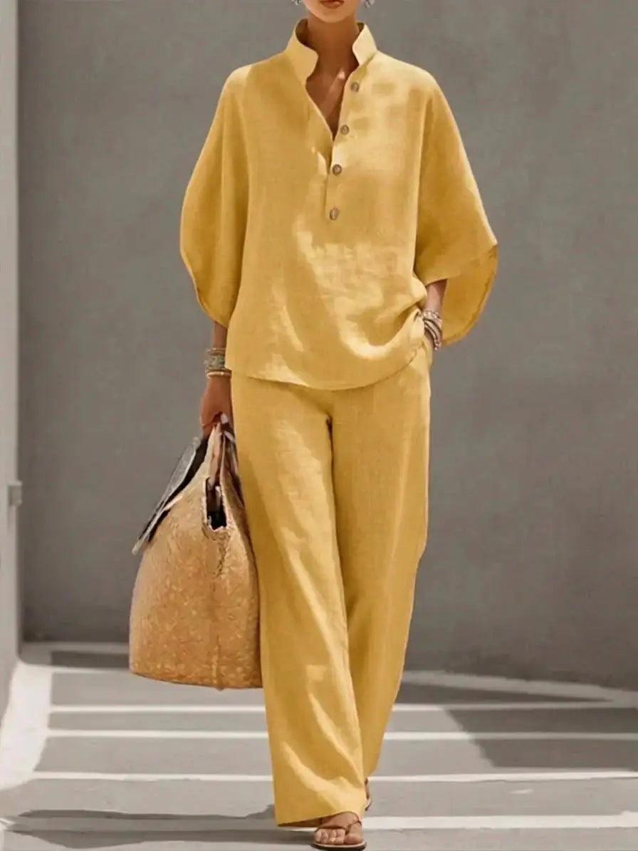 Maribel | Conjunto de lino con mangas murciélago y pantalón ancho