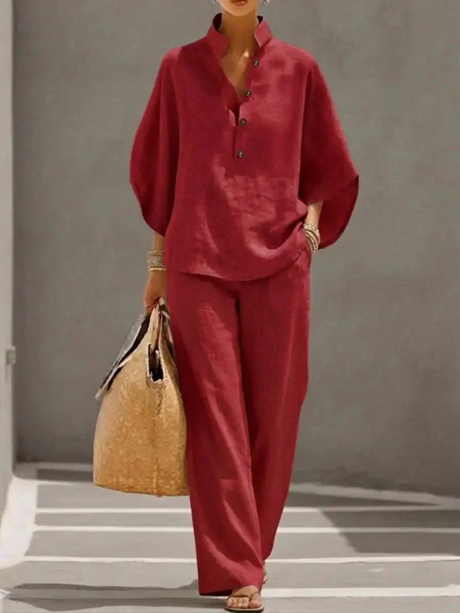 Maribel™ | Conjunto de Lino con Mangas Murciélago y Pantalón Ancho