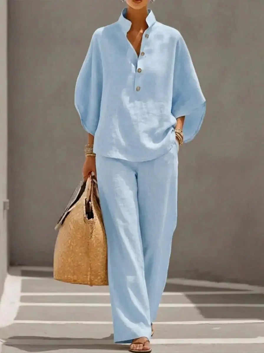 Maribel™ | Conjunto de Lino con Mangas Murciélago y Pantalón Ancho