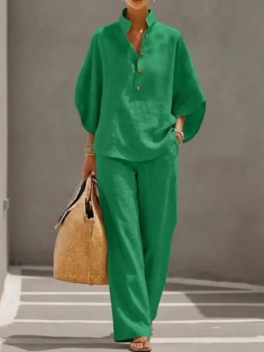 Maribel™ | Conjunto de Lino con Mangas Murciélago y Pantalón Ancho