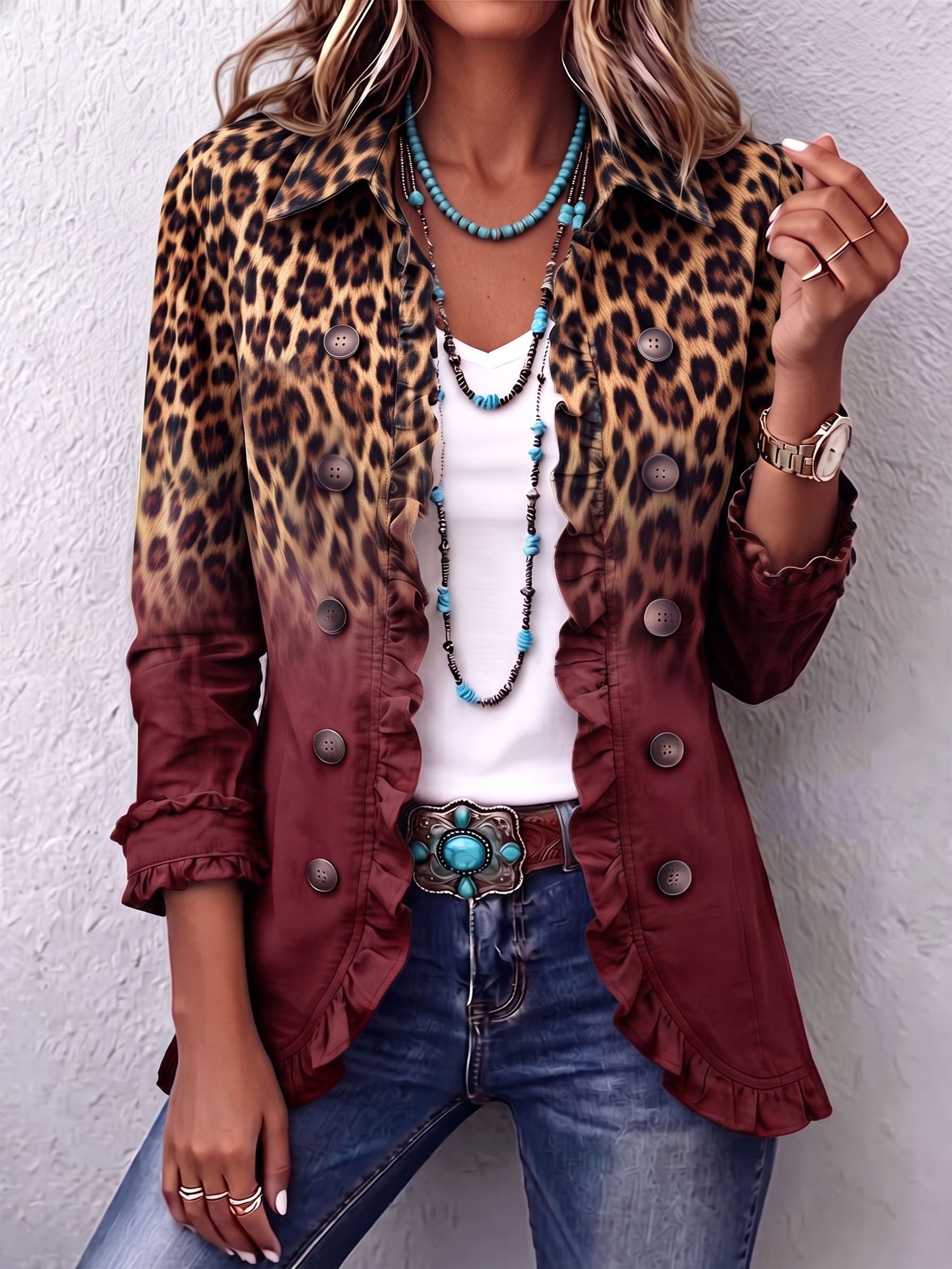 Tomasa | Chaqueta de Volantes Leopardo Vino
