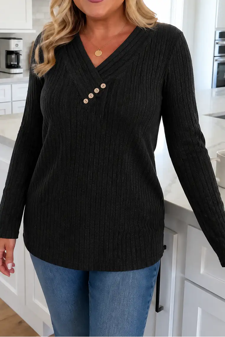 Carolina | Jersey de Canalé con Cuello en Pico y Botones